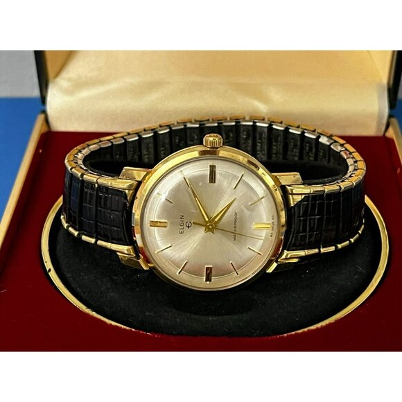 Vintage 1960s Mens Elgin Silver & Gold tone Pie Pan Dial Watch in box - Picture 2 of 16